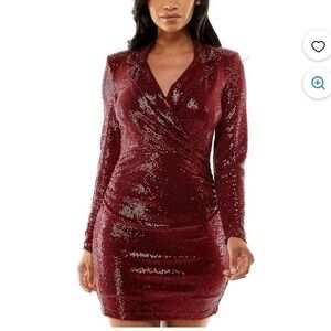 Hot & Sexy Red Sequined Long Sleeve V Neck Collared Mini Dress, Emerald Sundae L